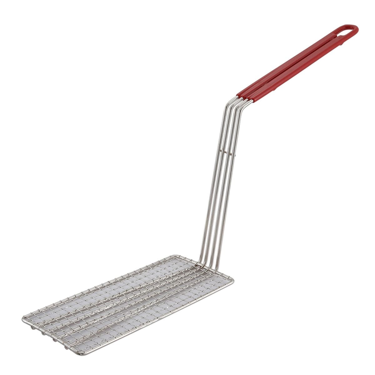 Winco FB-PB fry basket press with rectangular wire mesh and red plastic-coated handle