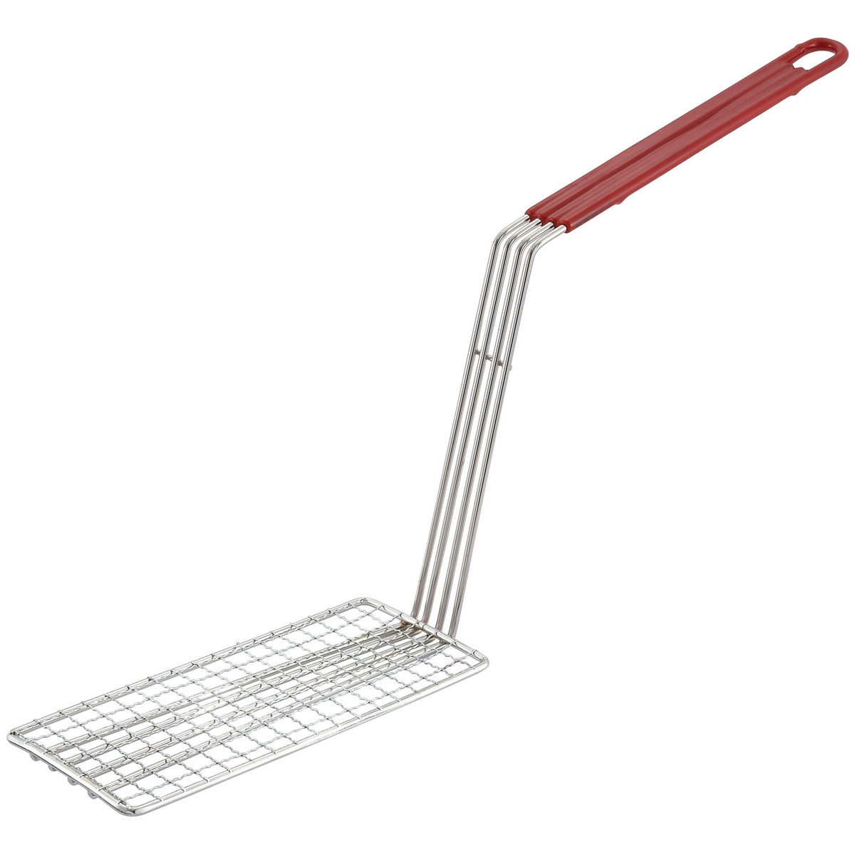Winco FB-PS fry basket press with rectangular wire grid and 11-inch red plastic-coated handle on white background