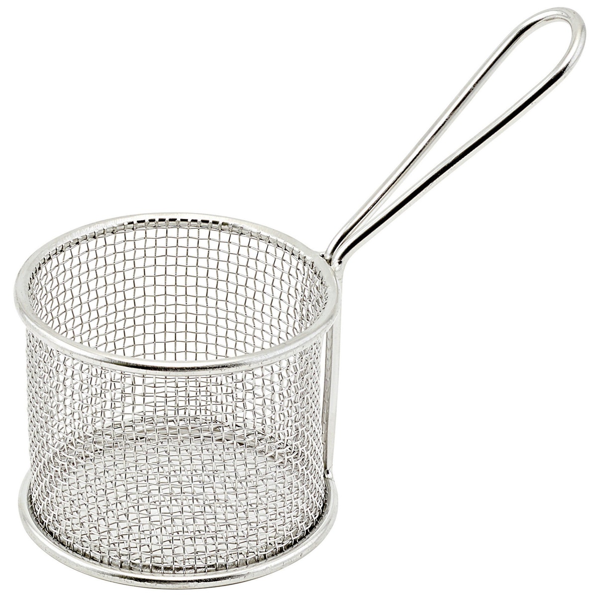 Winco FBM-32R round stainless steel mini serving basket with handle, shown empty on white background