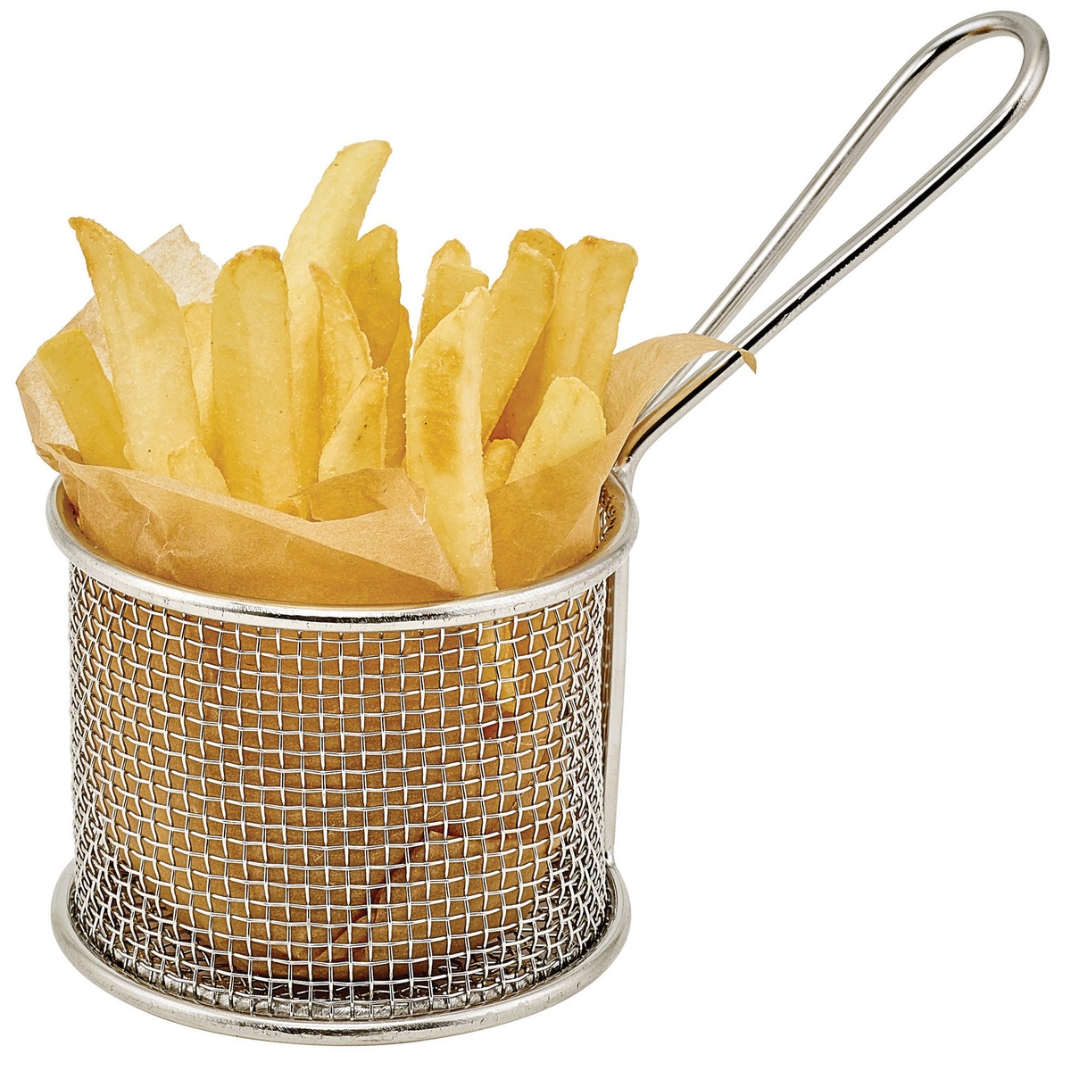 Winco FBM-32R mini serving basket filled with french fries and parchment paper