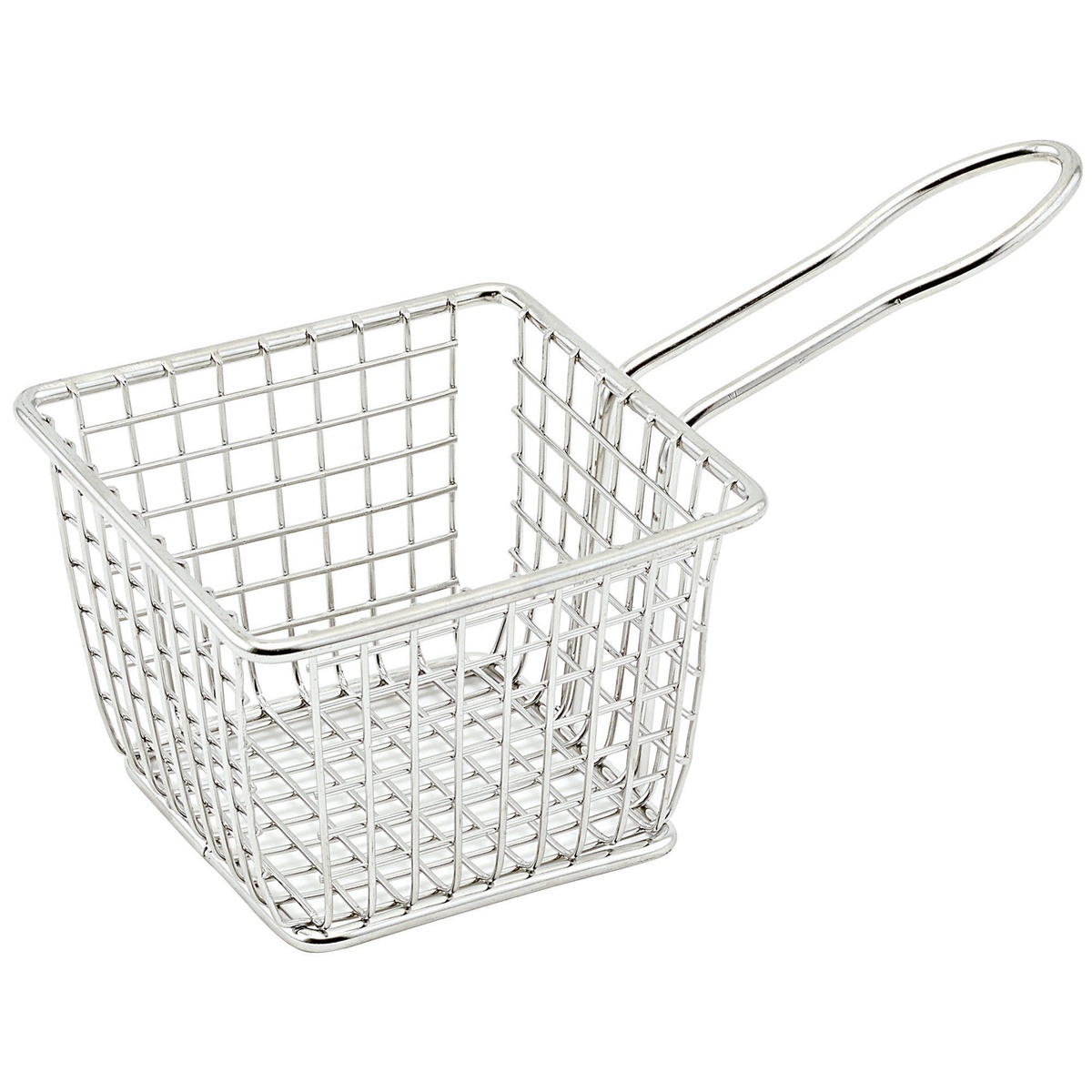 Winco FBM-443S square stainless steel mini serving basket with wire grid body and looped handle