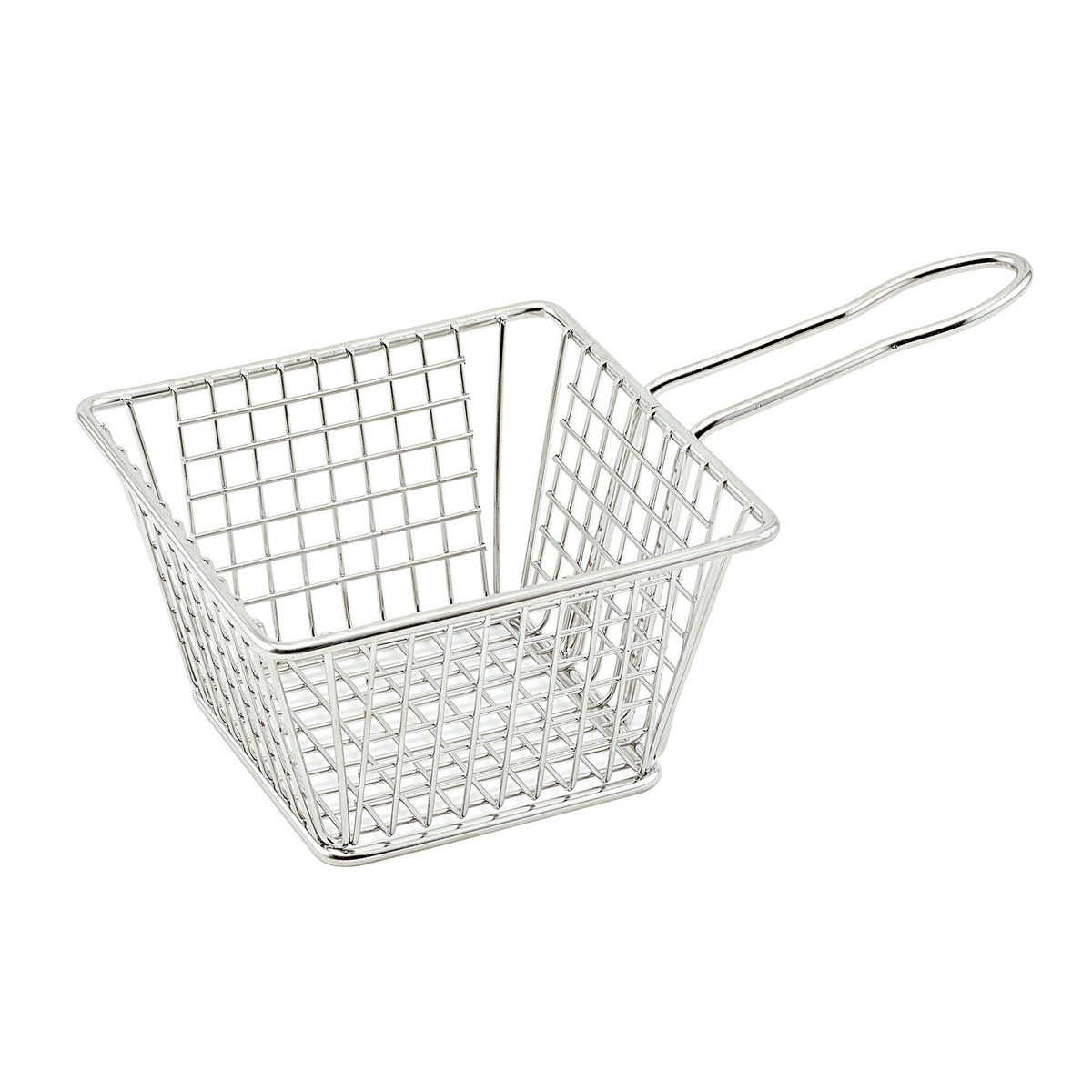 Winco FBM-554S square mini serving basket in 18/8 stainless steel wire with ergonomic handle