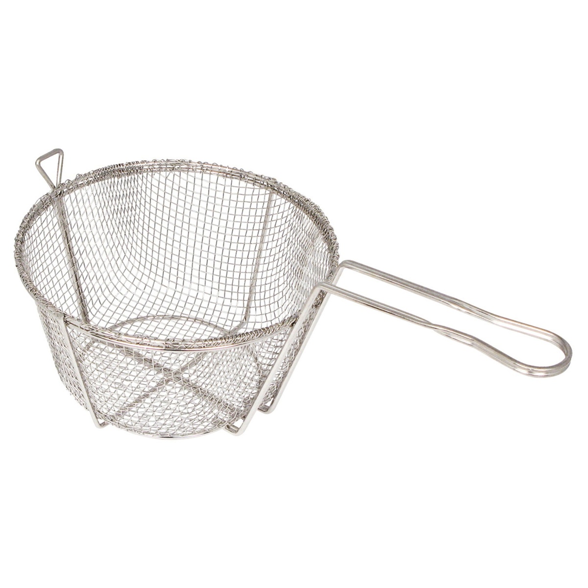 Winco FBR-8 round nickel-plated wire fry basket with uncoated handle, shown on white background