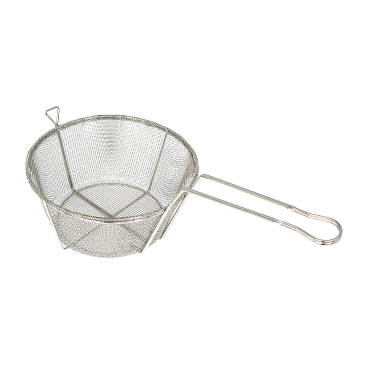 Round mesh wire fry basket with long handle