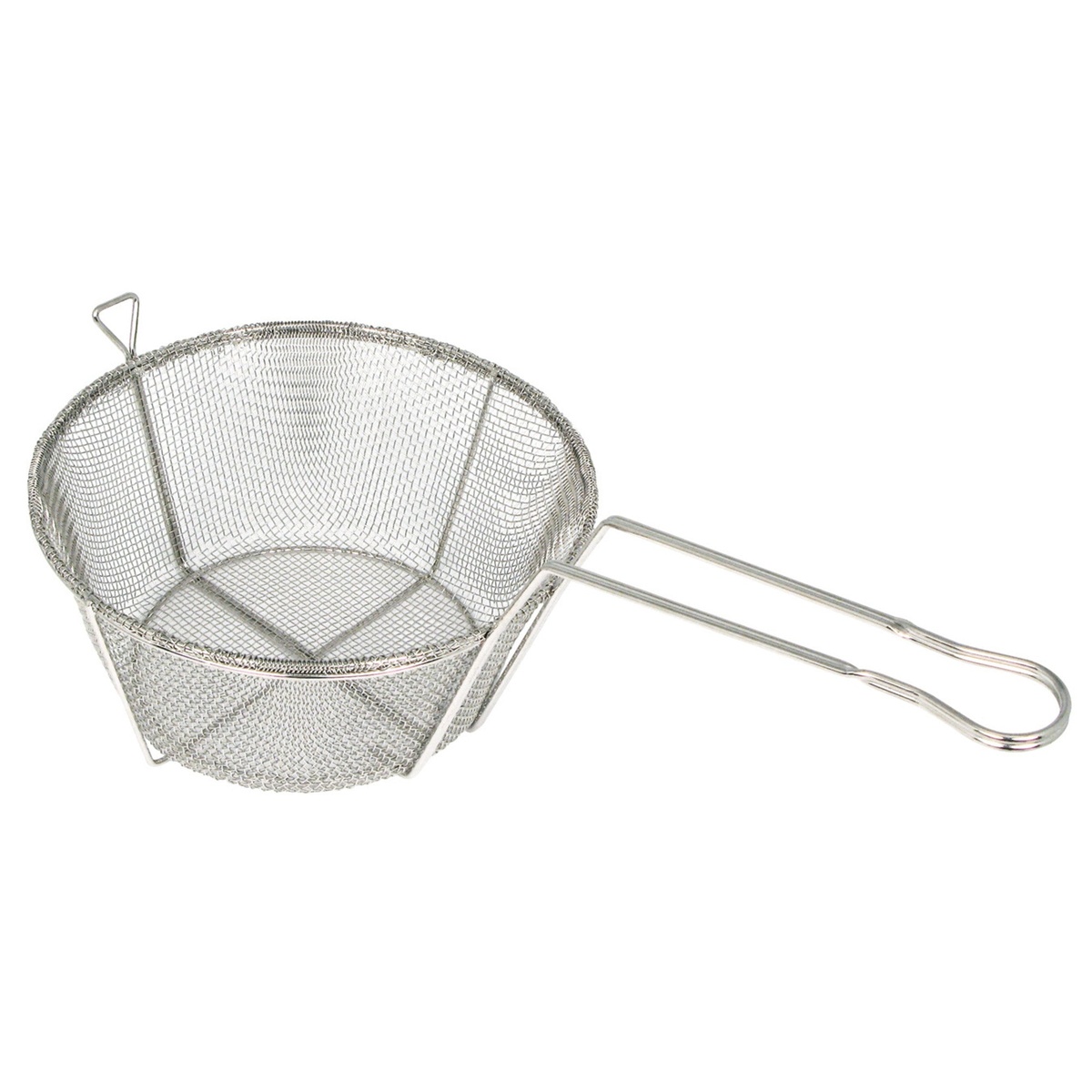 Winco FBRS-9 round nickel-plated wire mesh fry basket with long handle on white background