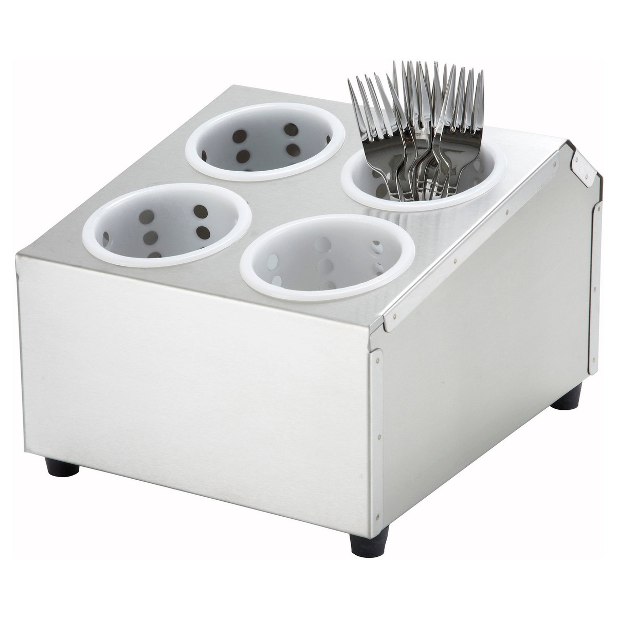 Winco FC-4H stainless steel two-tier flatware cylinder holder with four holes, shown with forks loaded in one compartment