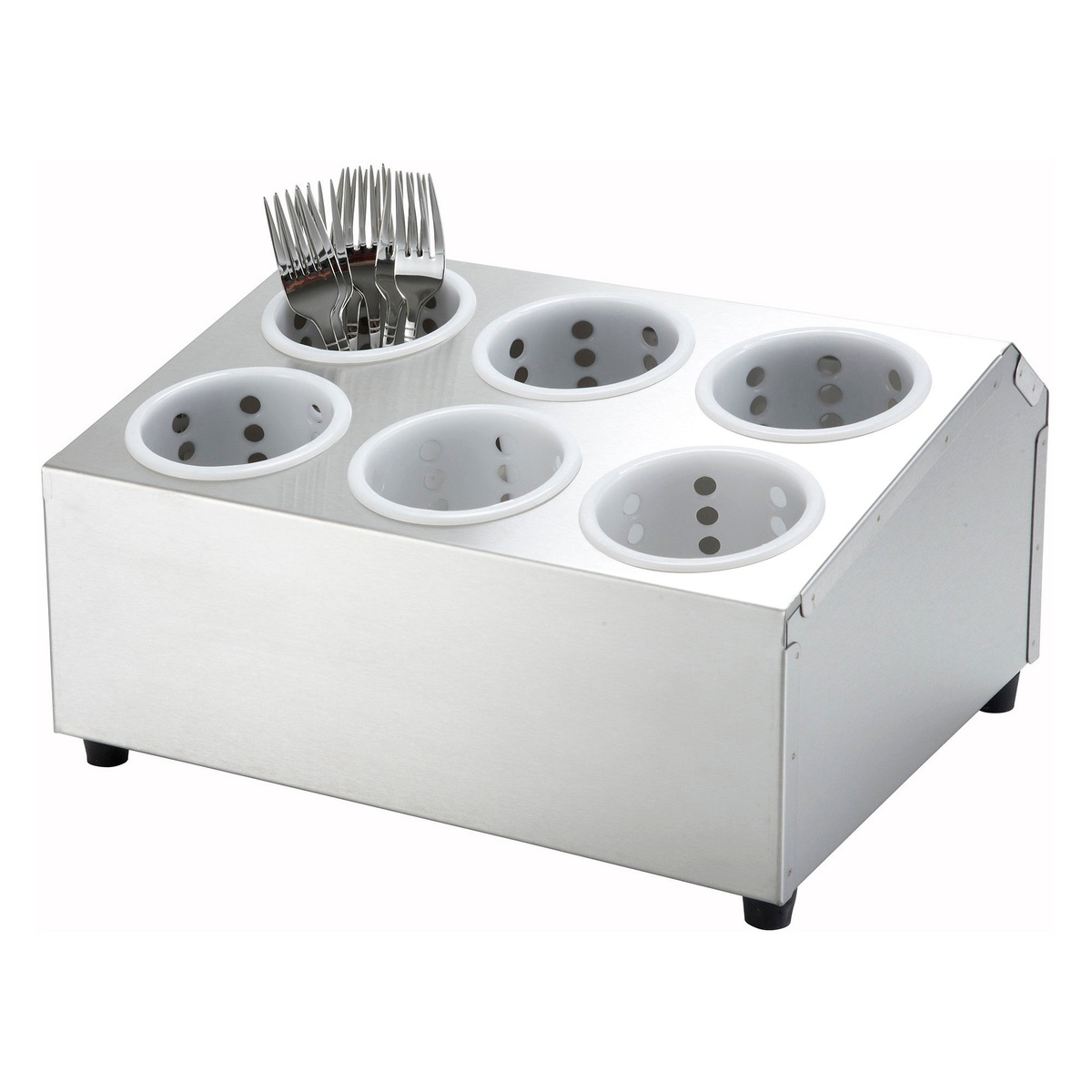 Winco FC-6H stainless steel two-tier flatware cylinder holder with six holes and forks organized in one compartment