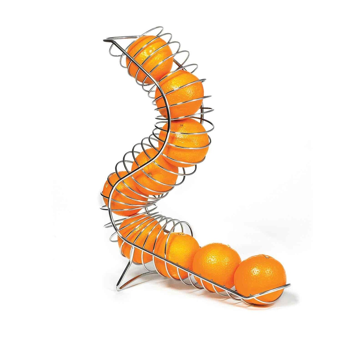 TableCraft FC1649 curved fruit basket loaded with oranges, showing first-in first-out flow from top to dispensing tray at base