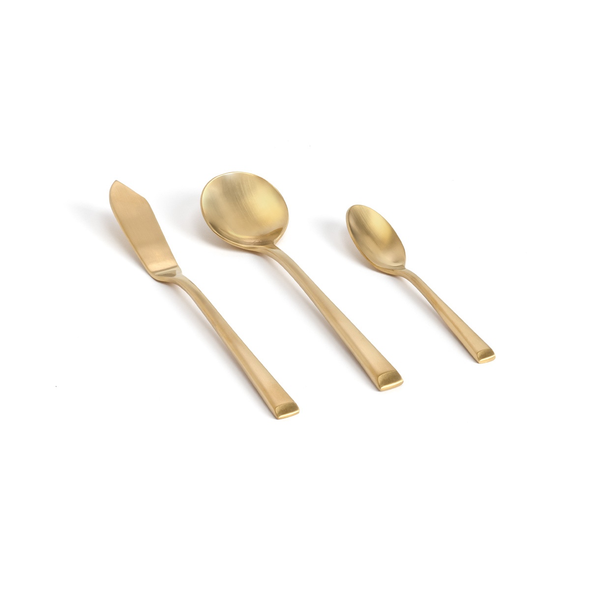 Parker matte brass butter knife, dinner spoon, and teaspoon displayed together on white background