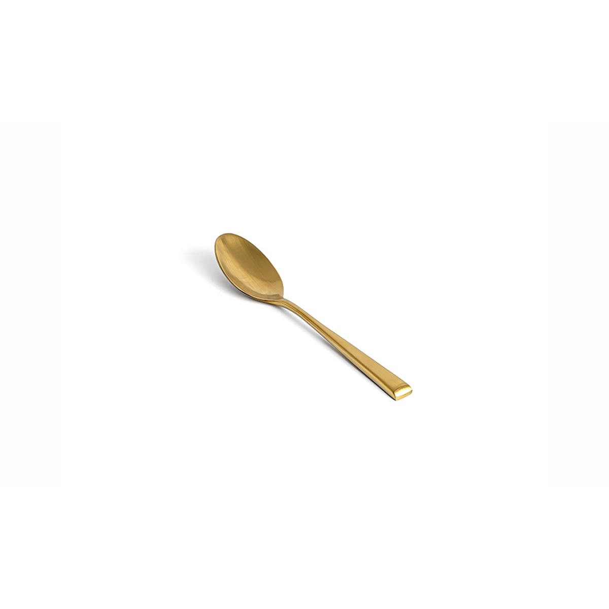 Parker matte brass teaspoon with elongated flat handle on white background