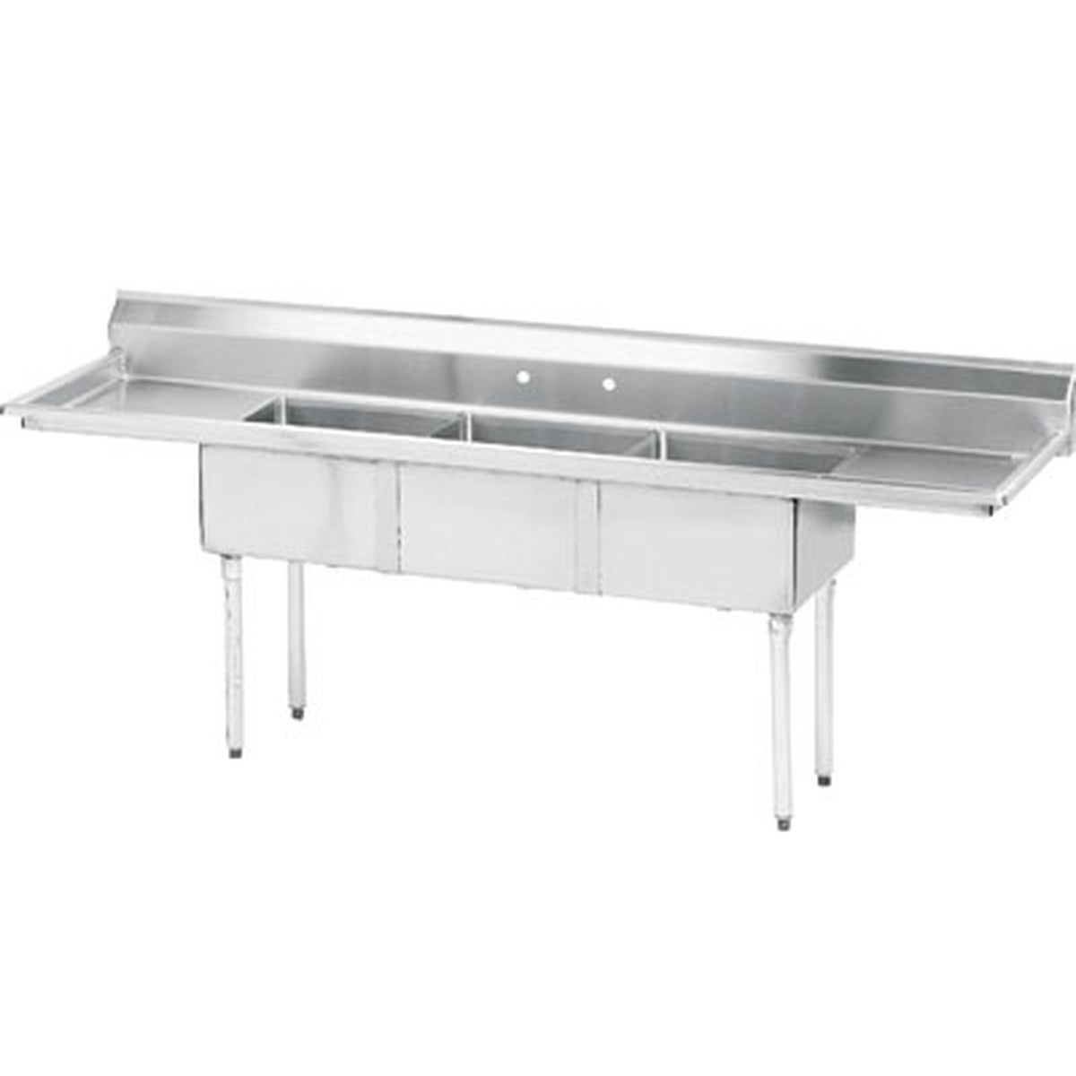 Advance Tabco FE-3-1824-24RL-X three-compartment stainless steel commercial sink with dual 24-inch drainboards on white background