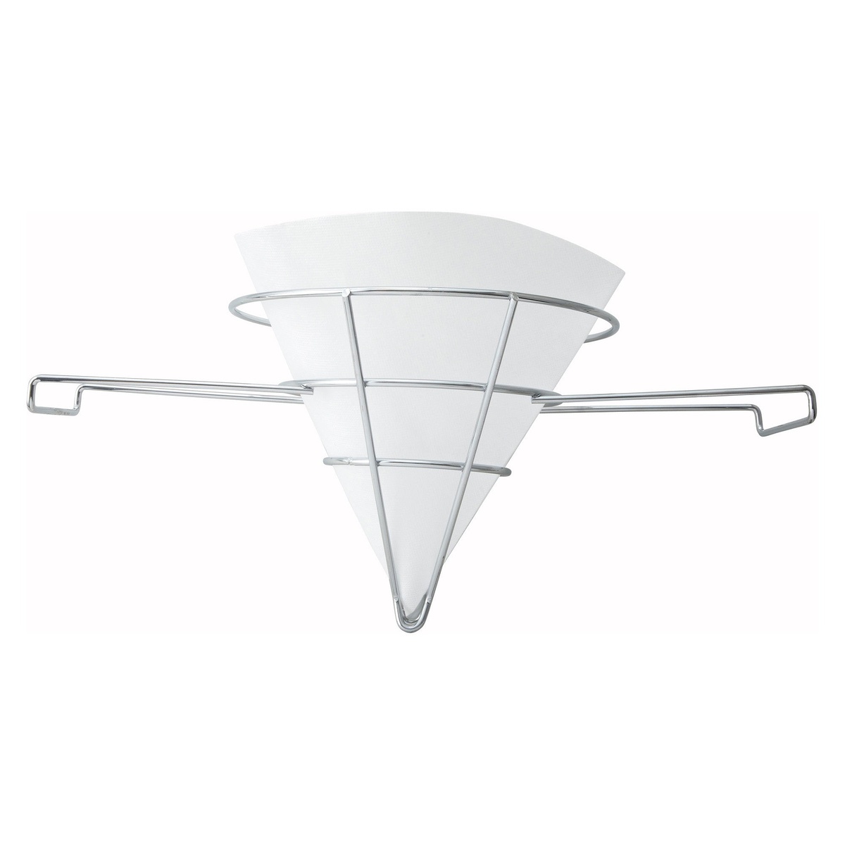 Fryer filter stand shown holding a cone-shaped filter