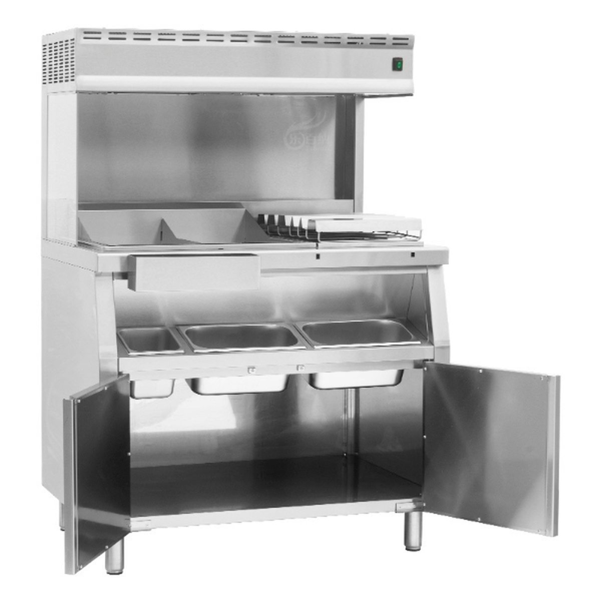 FFB-10 Enhanced Electric French Fry Station showing overhead infrared heating unit, multiple food pans, and enclosed lower cabinet with open doors