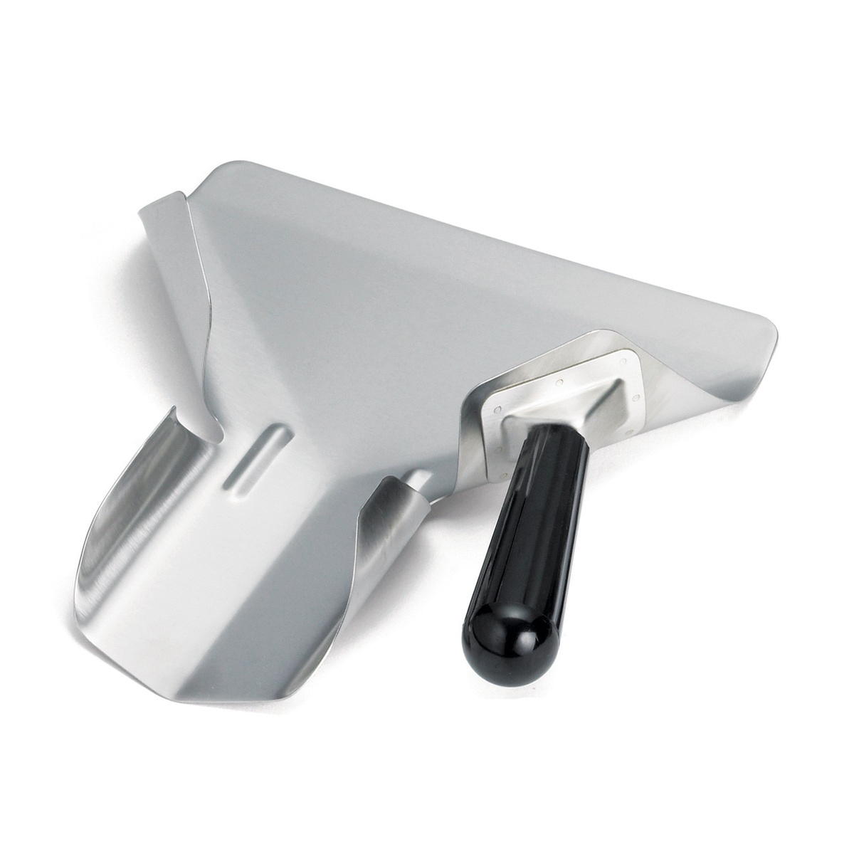 TableCraft FFR8 stainless steel french fry scoop with black Bakelite right handle on white background