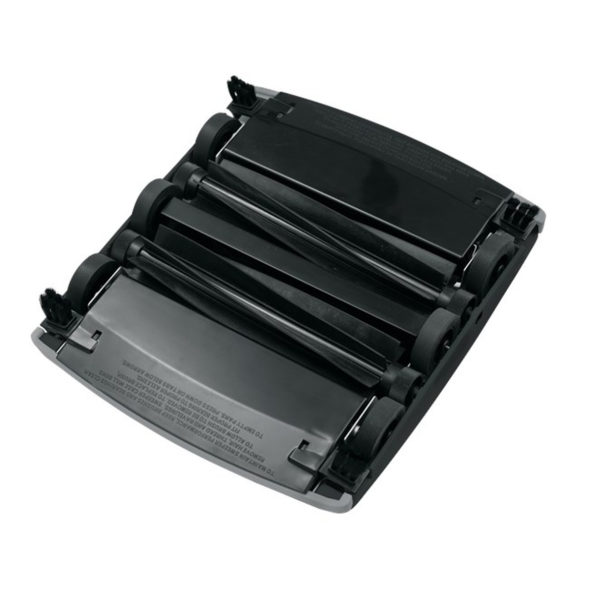 Underside view of the Rubbermaid FG421588BLA sweeper head showing dual agitator rolls and debris canisters