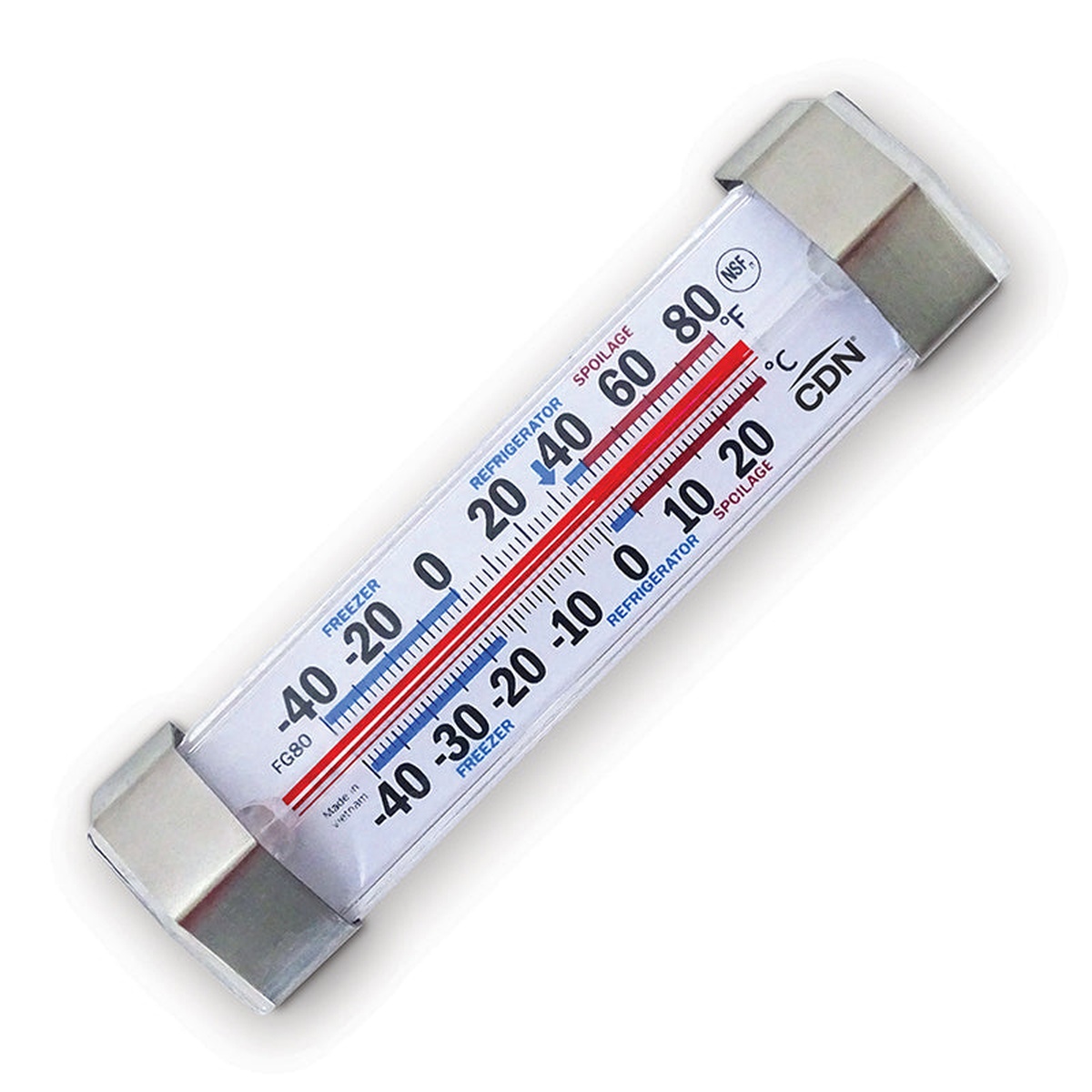 CDN FG80 refrigerator and freezer thermometer, angled view showing dual Fahrenheit and Celsius scales with color-coded zones
