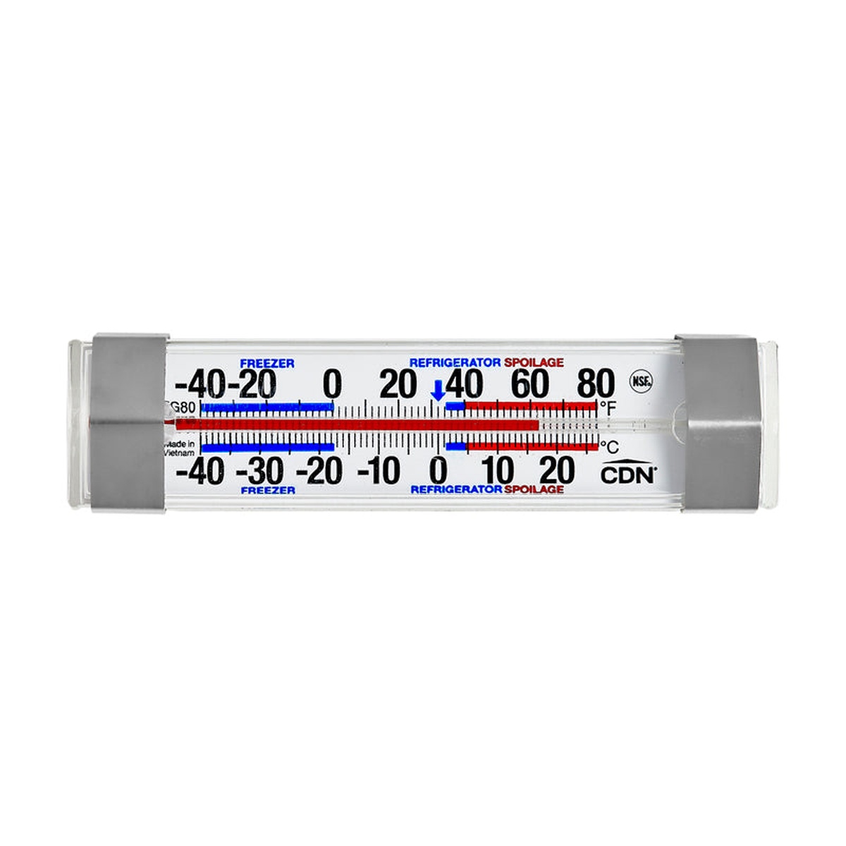 CDN FG80 thermometer front face showing labeled freezer, refrigerator, and spoilage temperature zones on both F and C scales