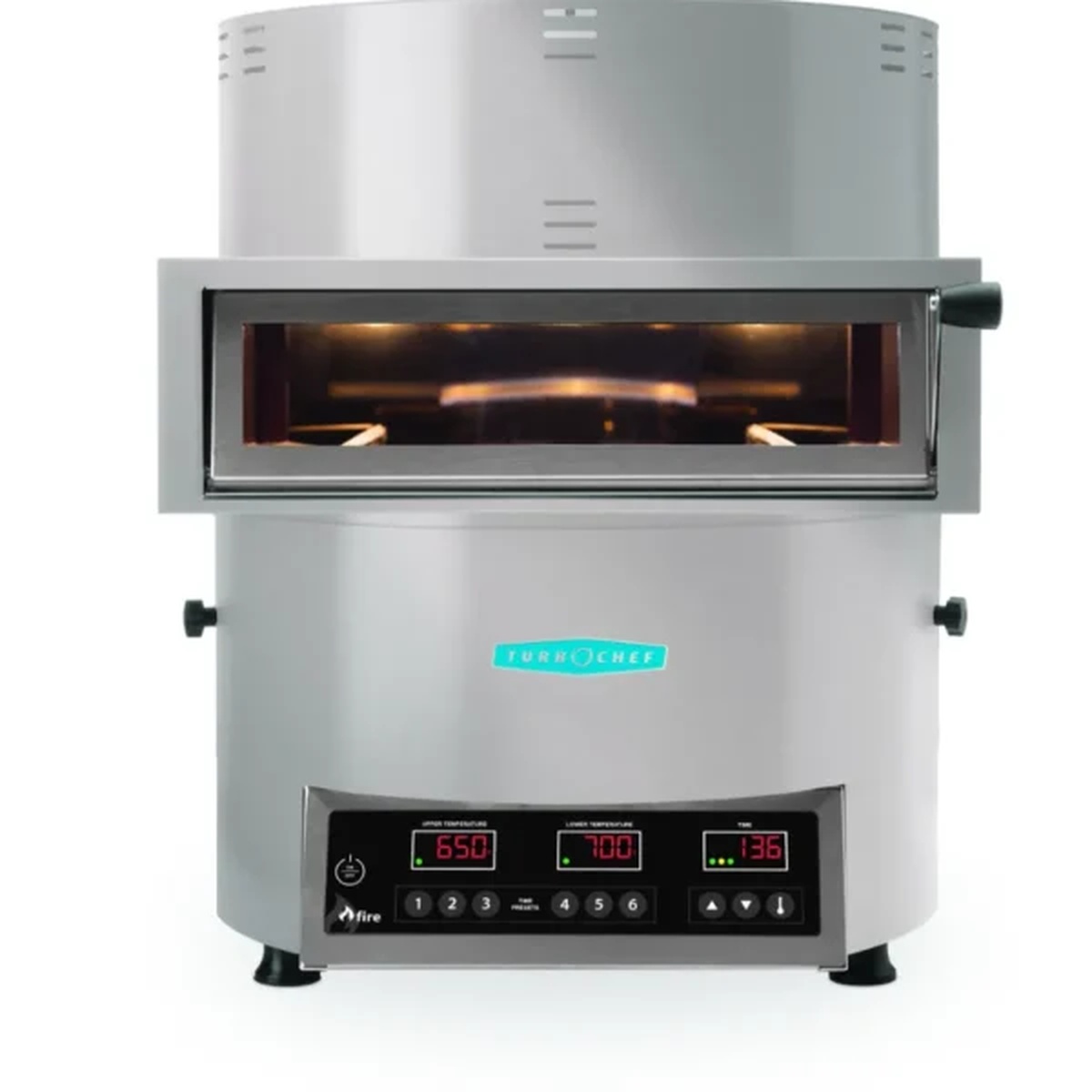 TurboChef Fire countertop pizza oven in silver finish with wide front opening