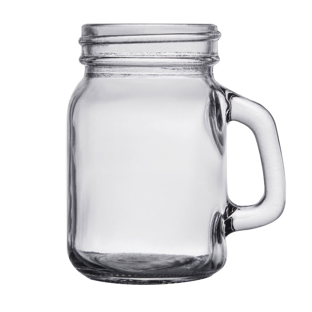 Clear glass mini mason jar mug with handle and threaded rim, viewed from a front angle on white background