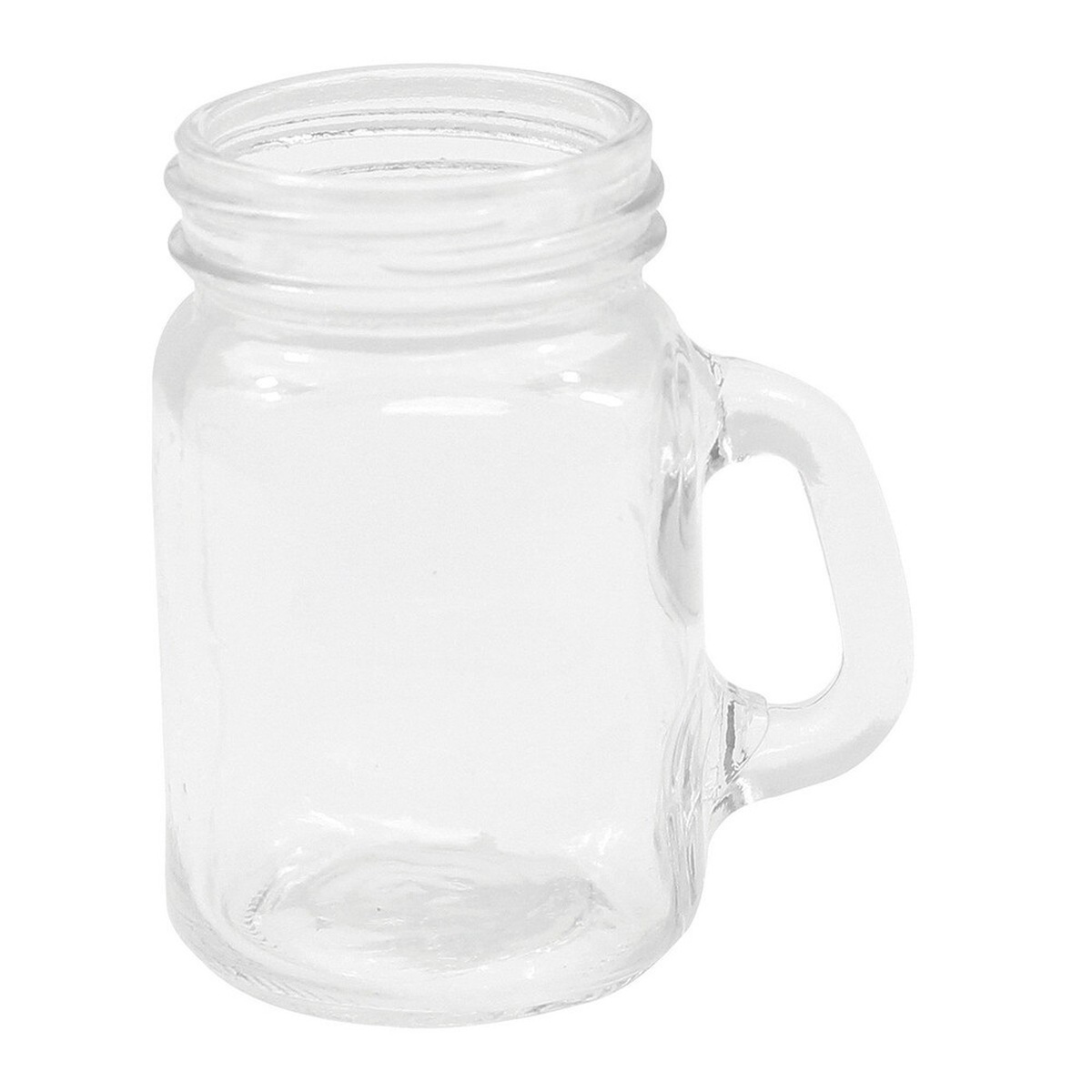 Single clear glass mini mason jar mug with handle, isolated on white background