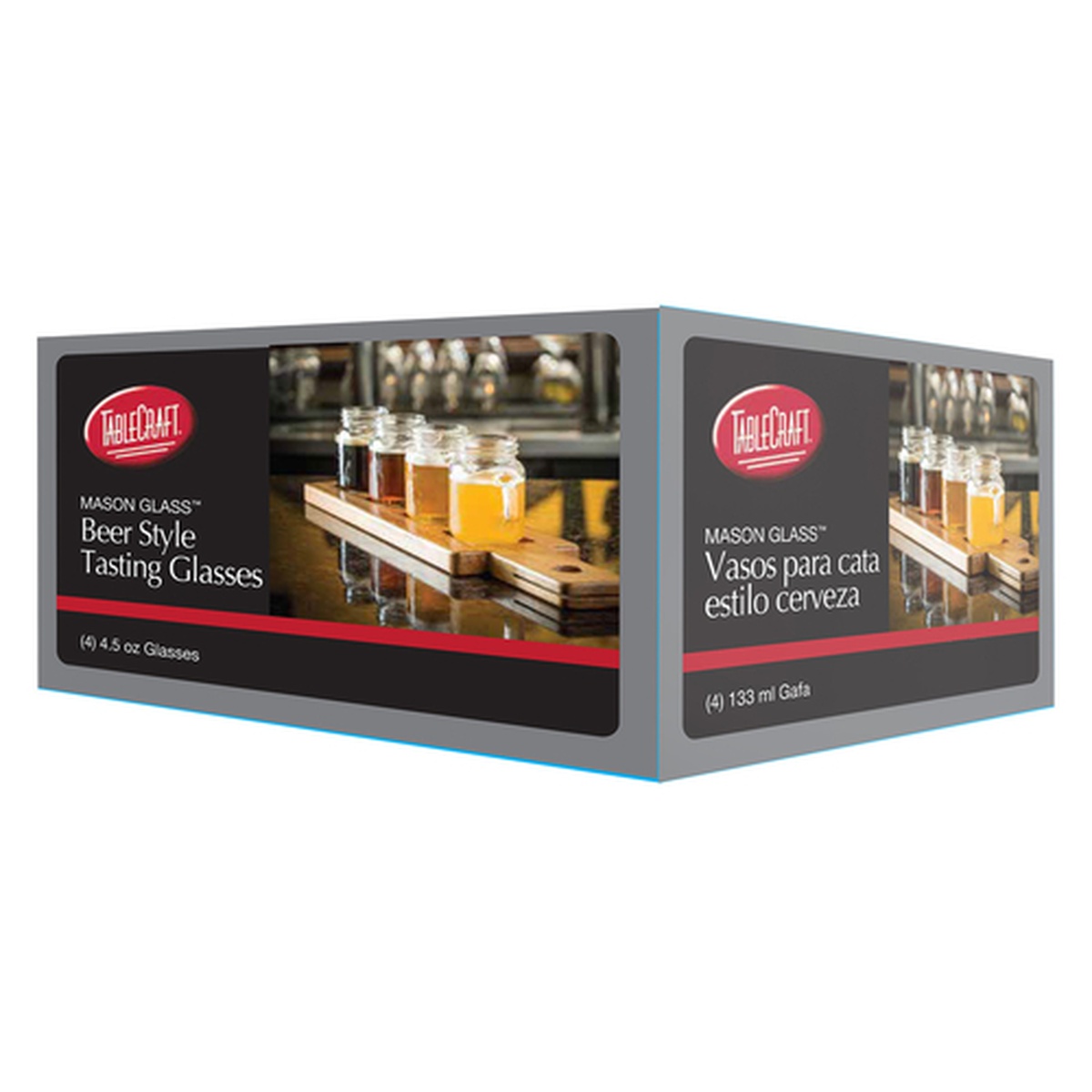 TableCraft FLBEER4 Beer Style Tasting Glasses retail packaging box showing four 4.5 oz mason jar glasses