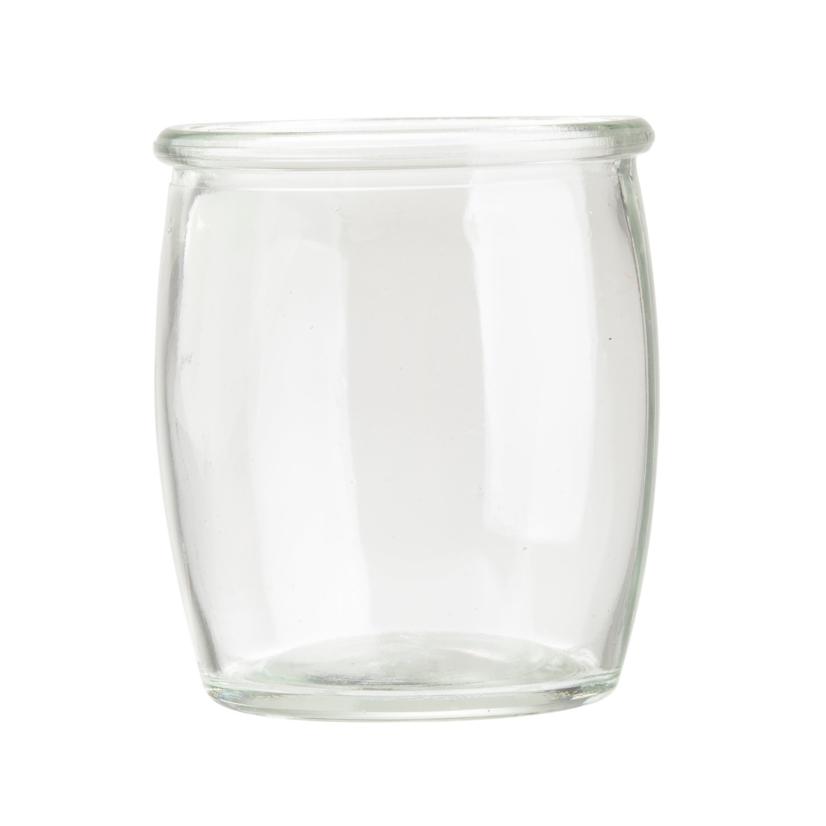 Tablecraft FLGLASS4 4 oz clear vintage-style glass front view showing barrel shape and rolled rim