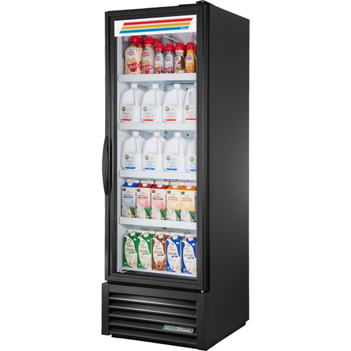 True FLM-27~TSL01 black single-section glass door refrigerated merchandiser stocked with dairy and beverage products