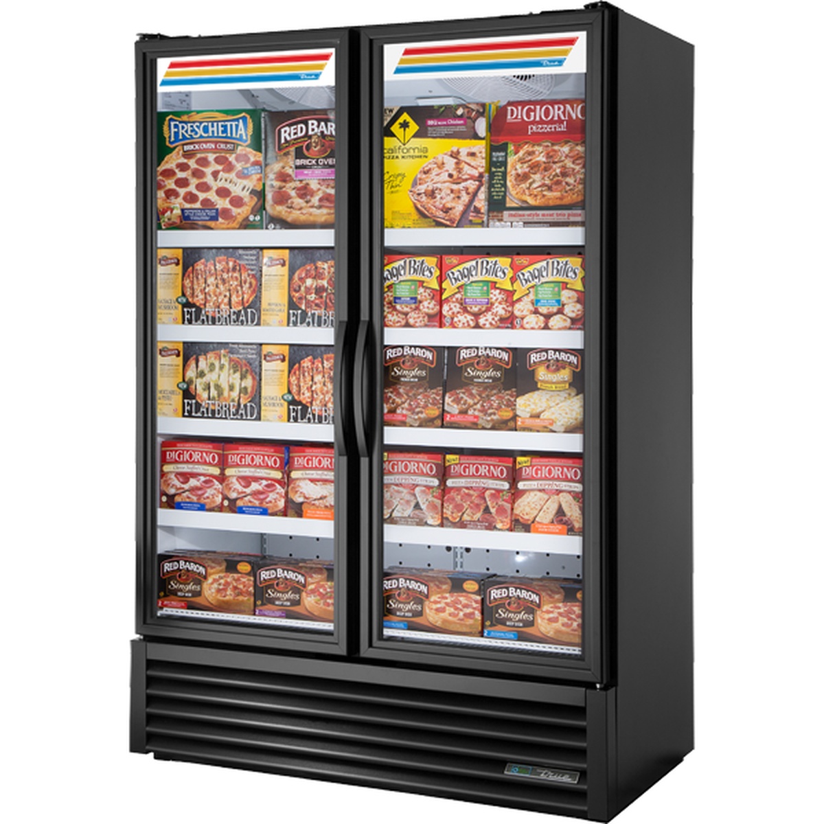 True FLM-54F~TSL01 two-section black merchandiser freezer with double glass swing doors stocked with frozen food products