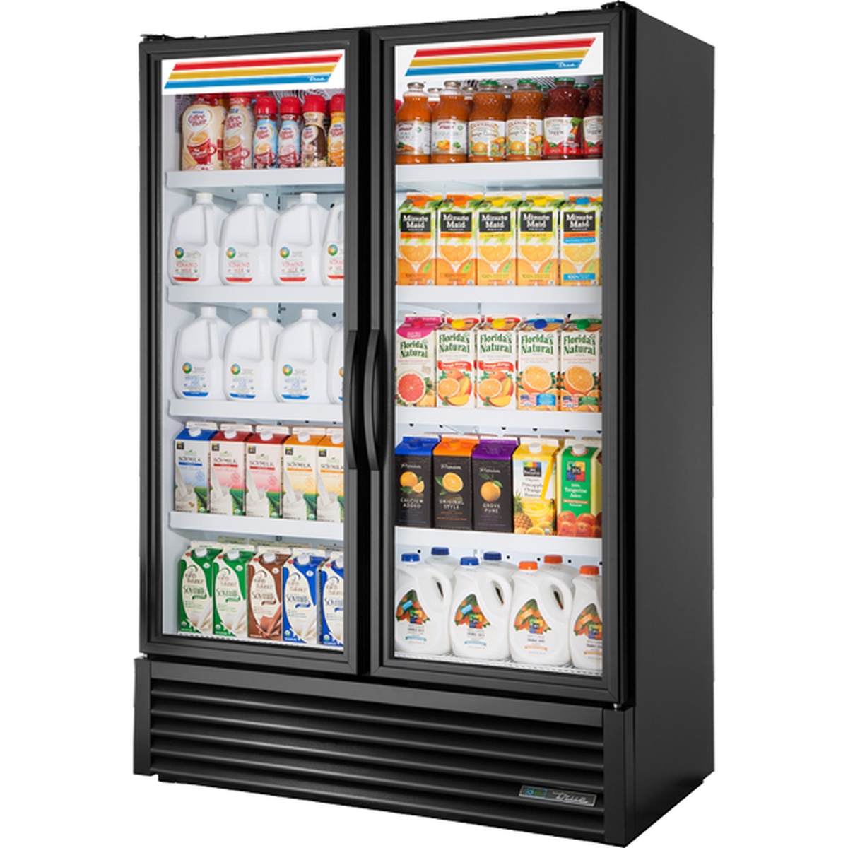 True FLM-54~TSL01 two-door black glass merchandiser refrigerator fully stocked with beverages and dairy products