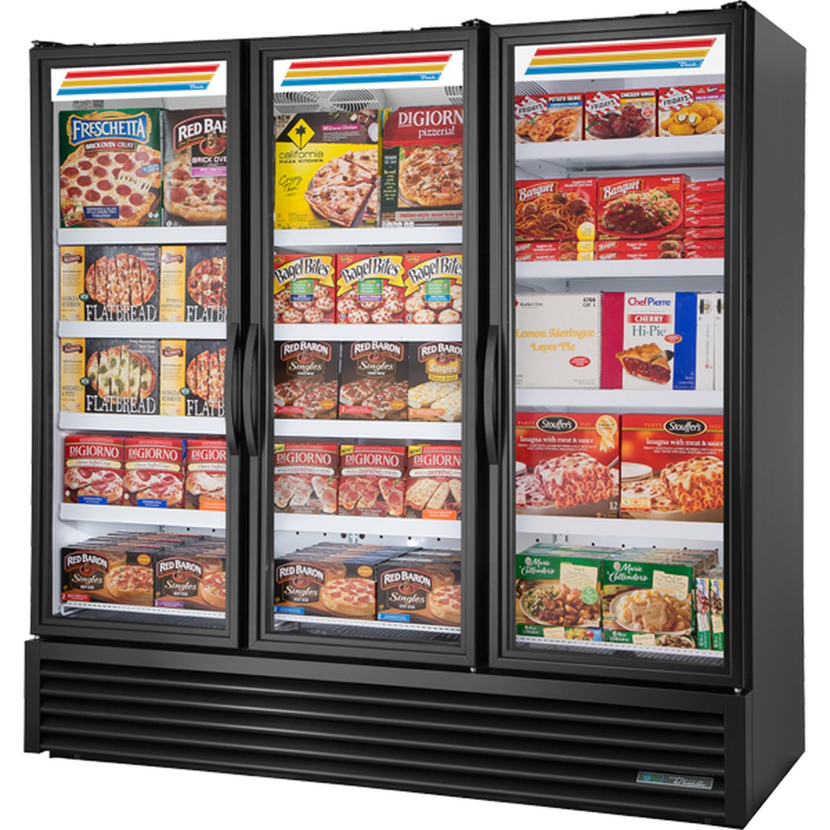 True FLM-81F~TSL01 three-section black glass swing door merchandiser freezer fully stocked with frozen food products