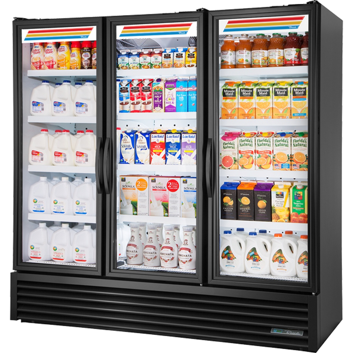 True FLM-81~TSL01 three-section black glass swing door refrigerated merchandiser stocked with dairy and juice products