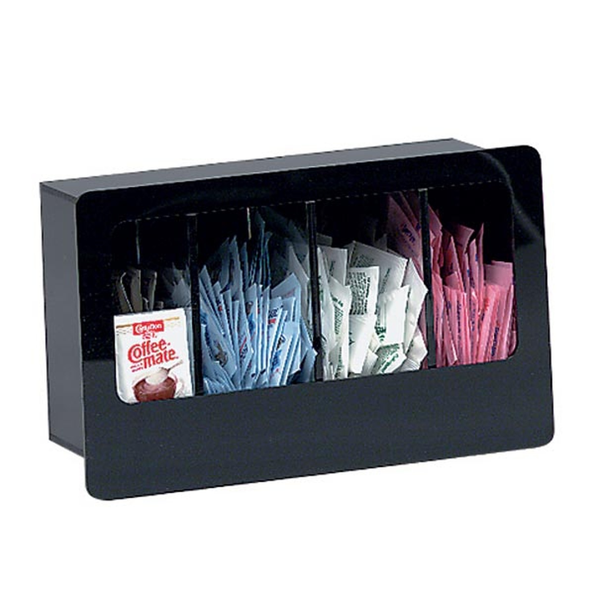 Dispense-Rite FMC-4 black acrylic built-in condiment organizer filled with sugar, sweetener, and creamer packets