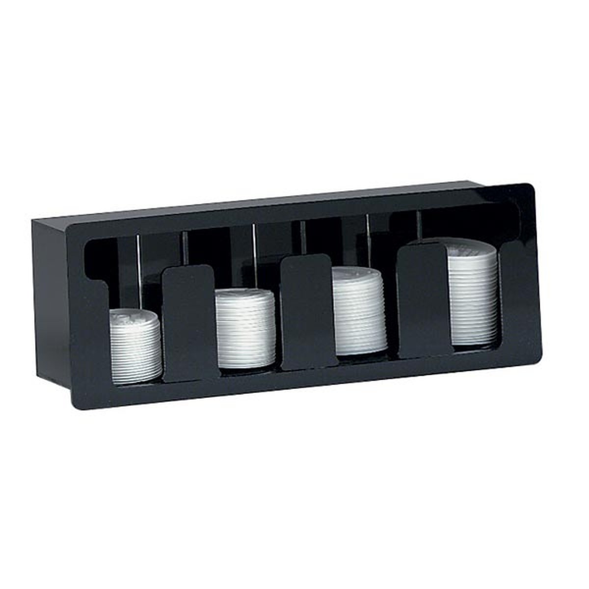 Dispense-Rite FML-4 black acrylic 4-section built-in lid organizer holding stacks of white lids