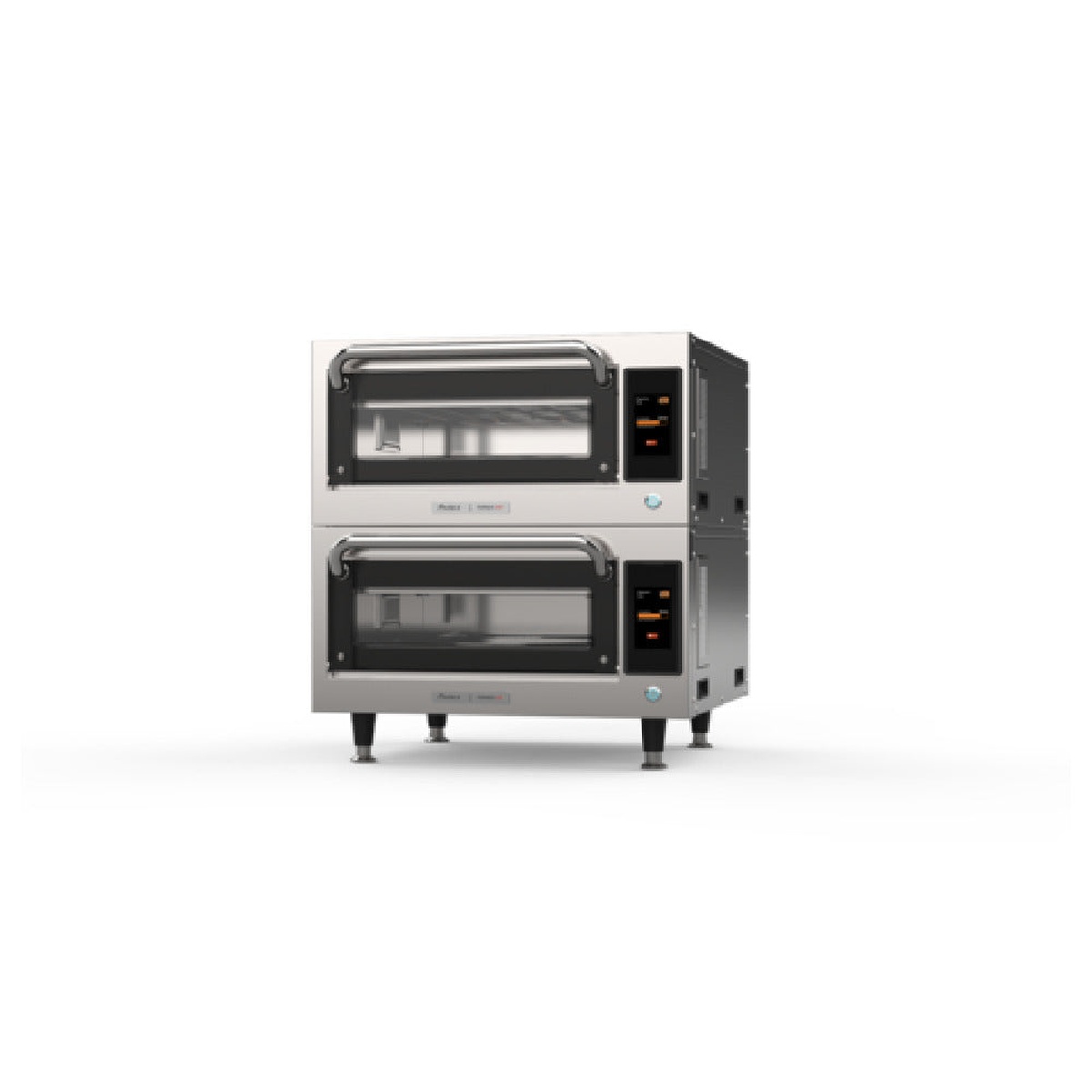 Angled view of Pratica Forza STi Double stacked countertop pizza oven showing removable feet and dual glass doors