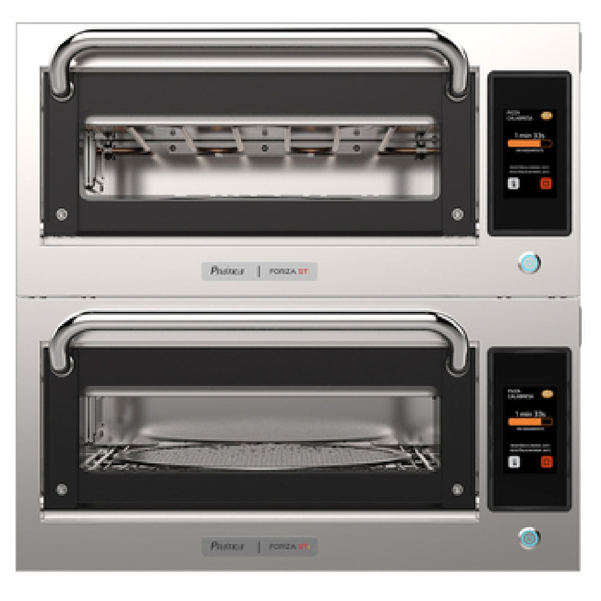 Front view of Pratica Forza STi Double countertop rapid cook pizza oven with two stacked chambers and touchscreen controls
