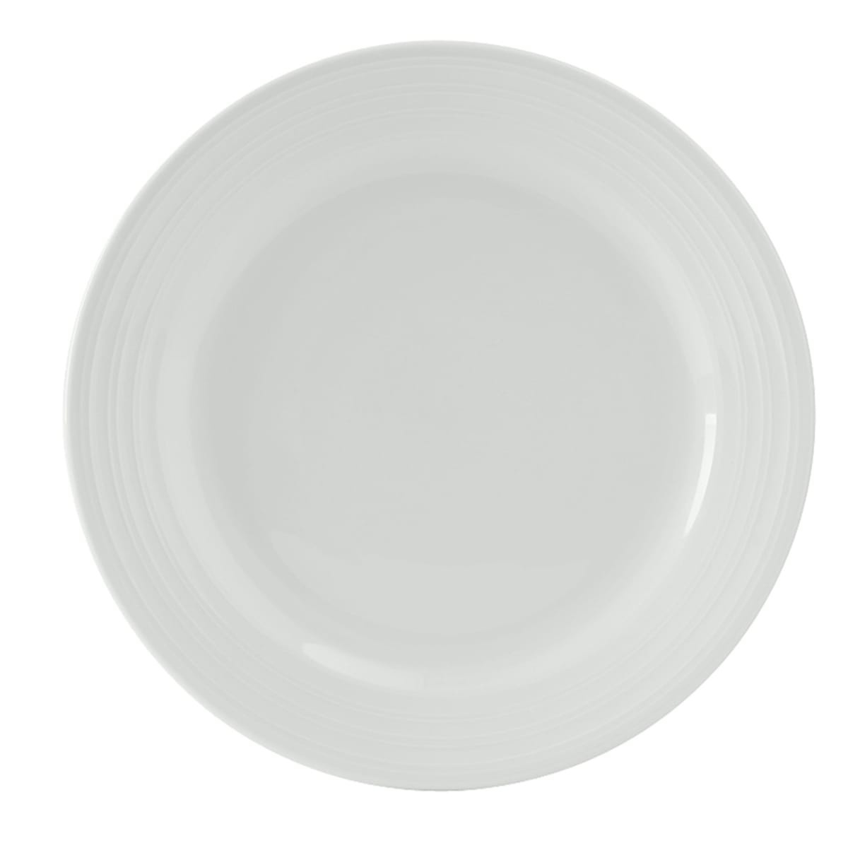 Tuxton Pacifica FPA-062 6 1/4-inch bright white round china plate with embossed rim, top-down view