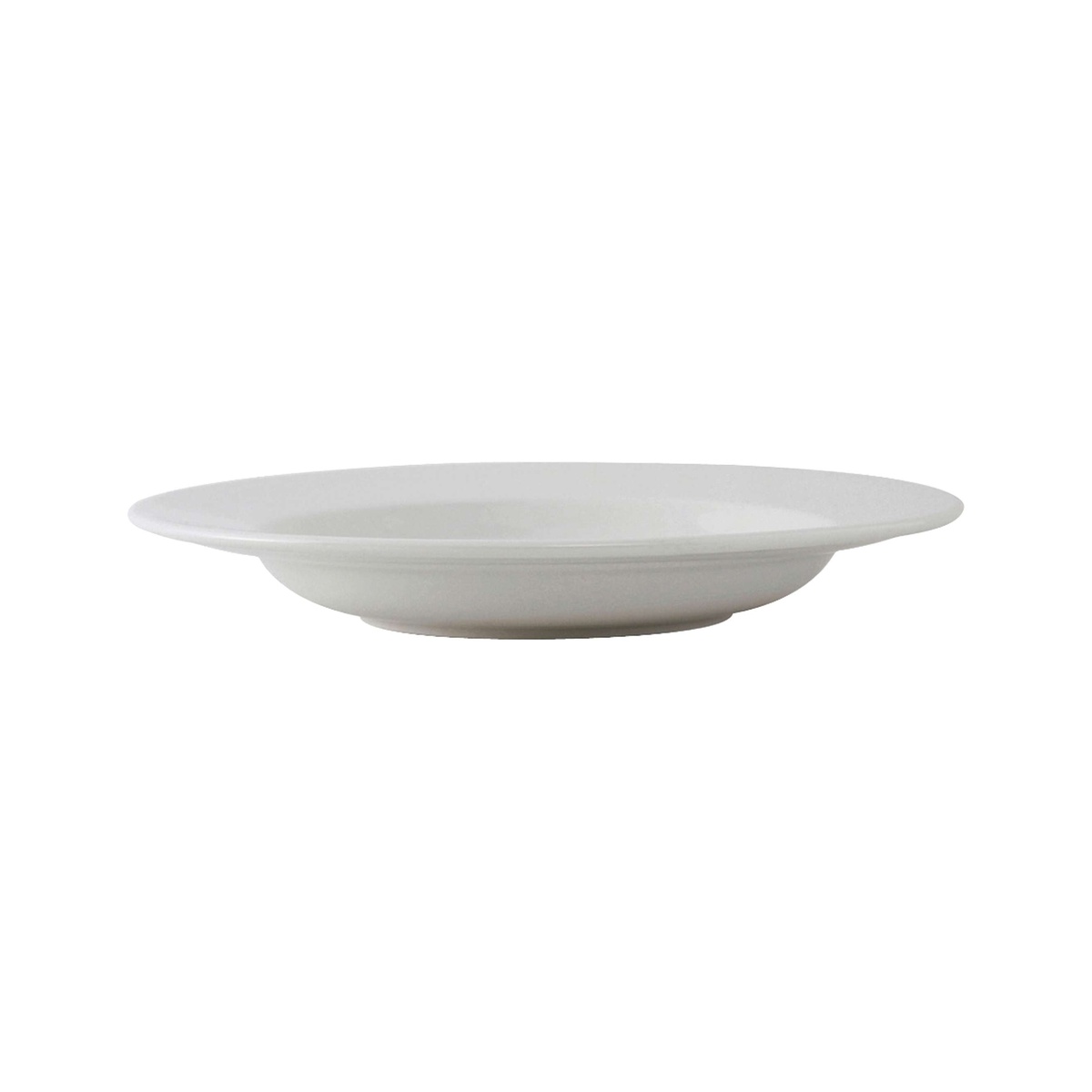 Bright white round china dinnerware piece side profile on a white background