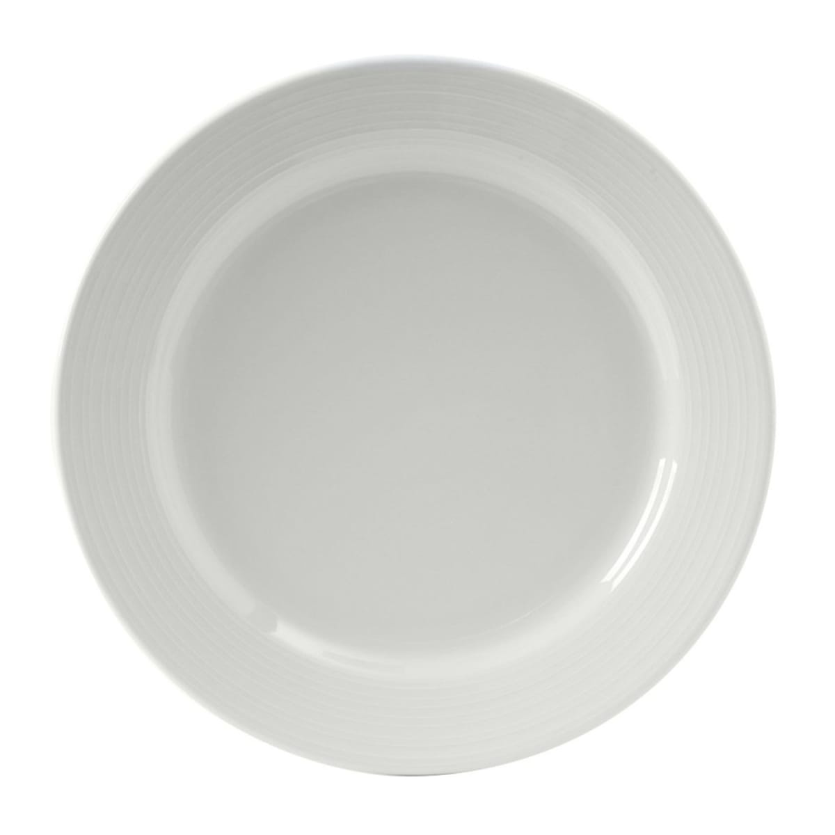 Tuxton FPA-110 11-inch round white porcelain Pacifica plate with embossed rim, overhead view