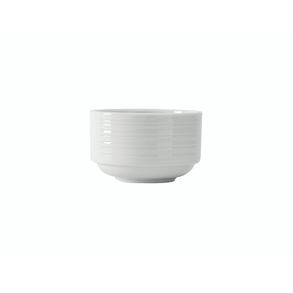 Tuxton FPB-090 Pacifica bright white embossed stackable porcelain bouillon cup, side view showing ripple-wave embossed exterior