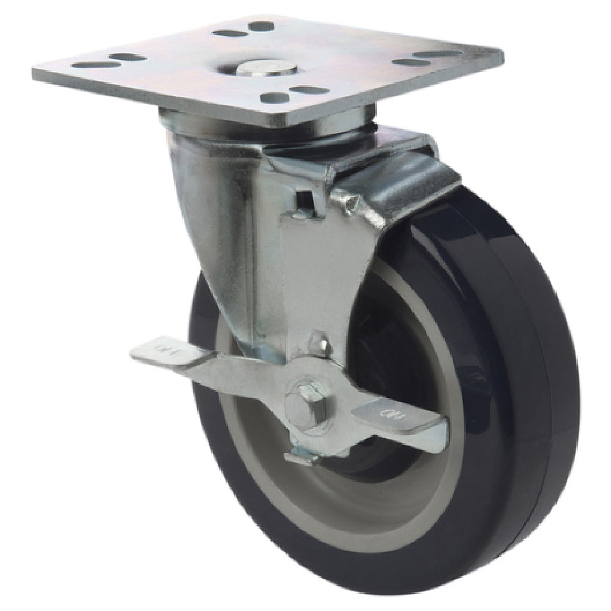 1880 Hospitality FPCST5HD heavy-duty swivel plate caster with black polyurethane wheel, square mounting plate, and integrated brake mechanism