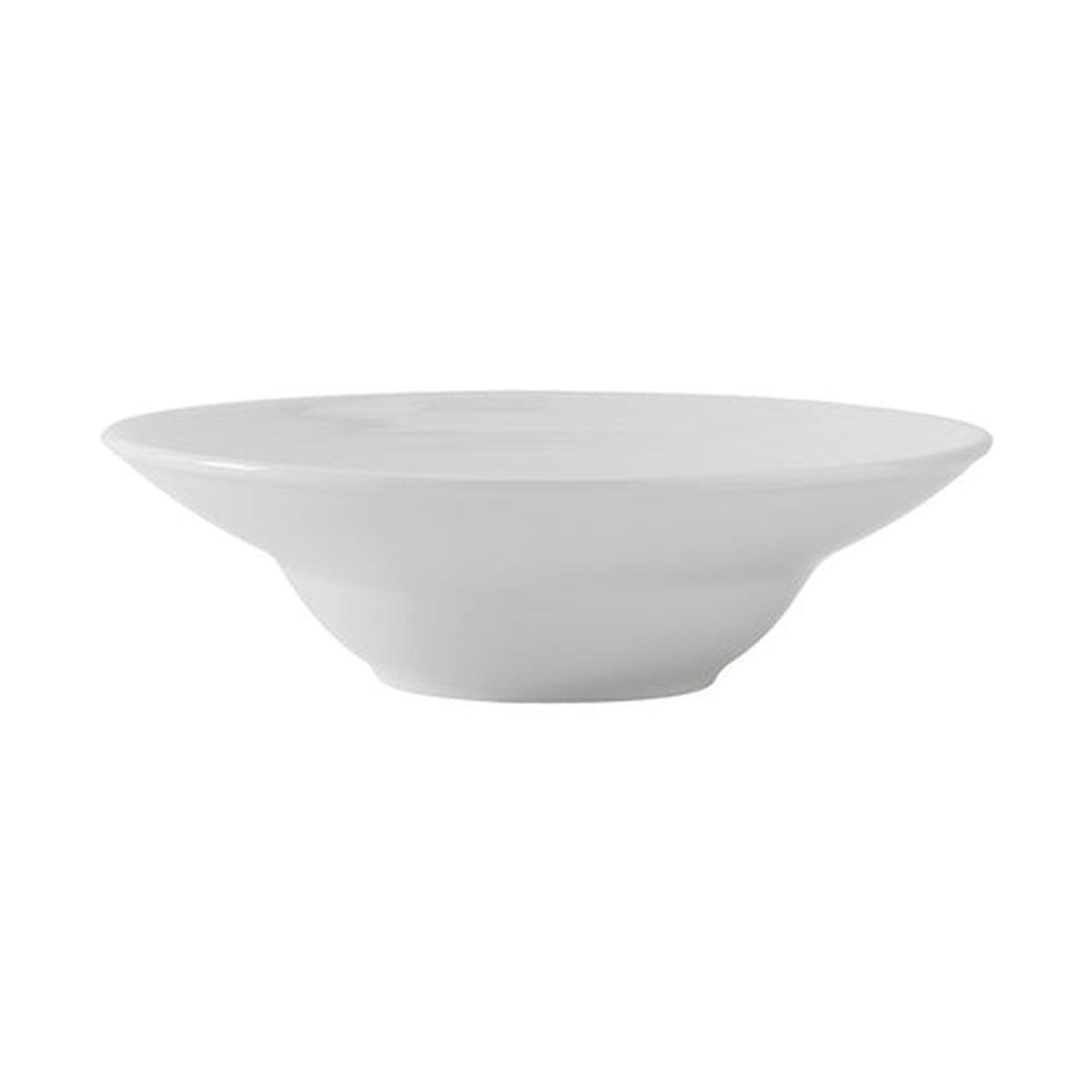 Tuxton China FPD-087 Pacifica porcelain white round rim soup bowl, side profile view