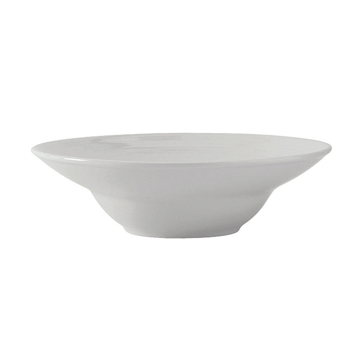 Tuxton China FPD-087 Pacifica porcelain white round rim soup bowl, angled view showing embossed rim detail