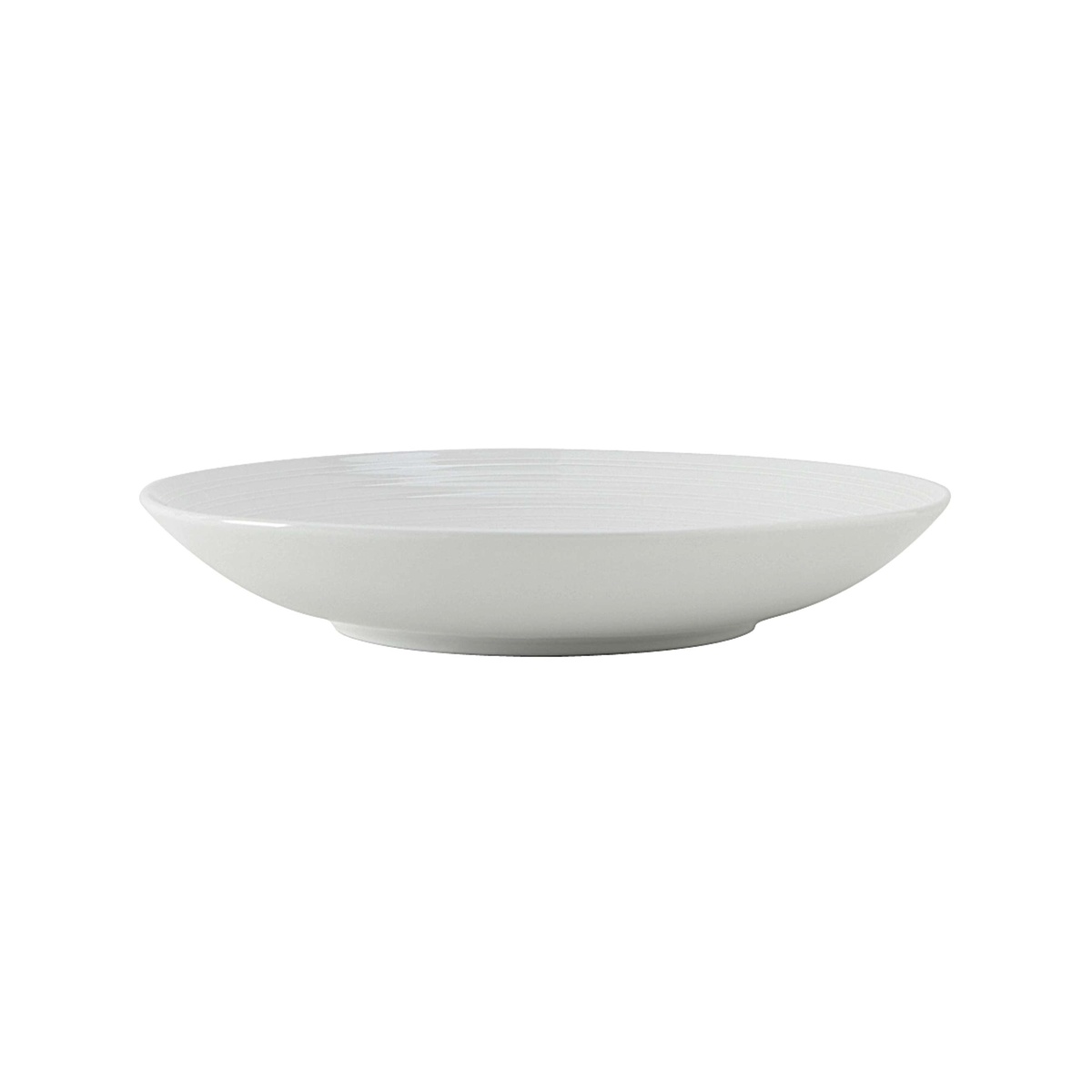Tuxton China Pacifica collection pasta bowl, side profile showing embossed rim and glossy white finish