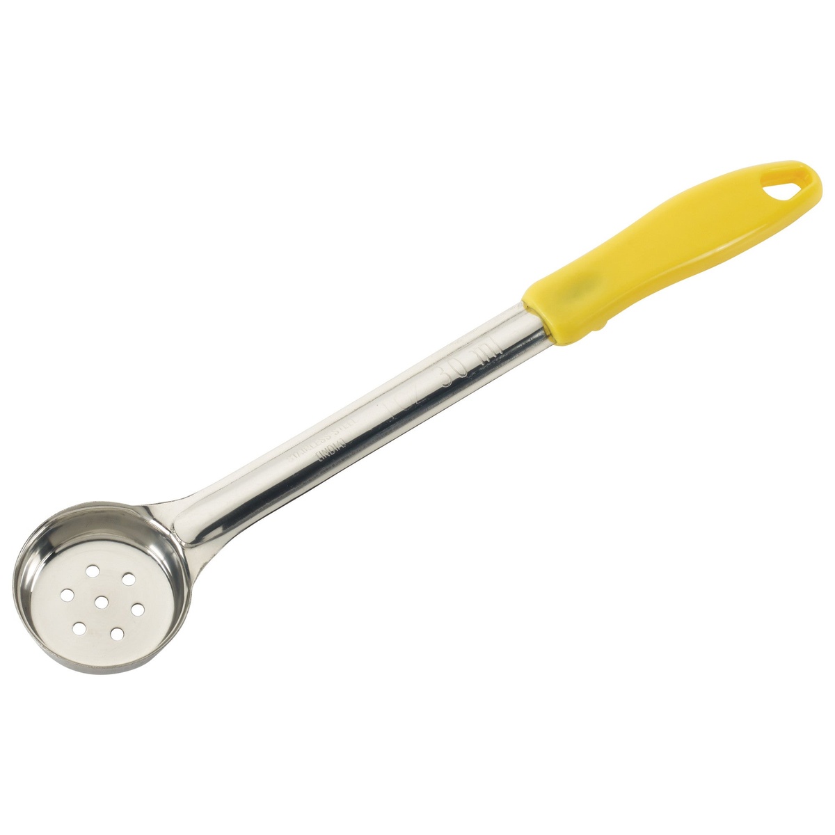 Winco FPP-1 one-piece stainless steel perforated food portioner with yellow ergonomic handle, 1 oz capacity