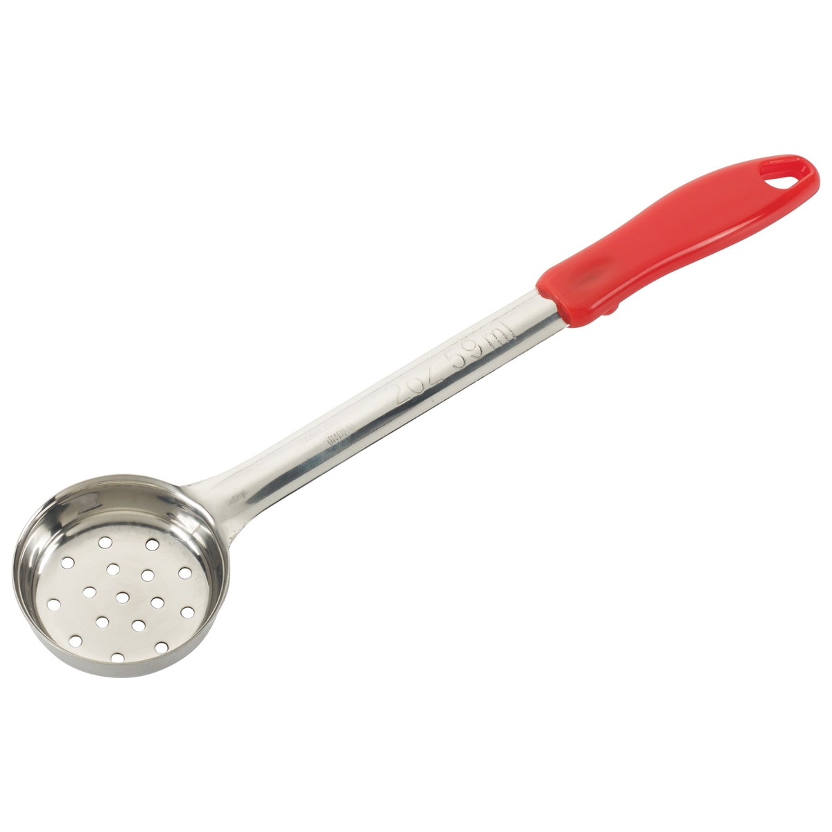 Winco FPP-2 2 oz perforated stainless steel food portioner with red ergonomic handle