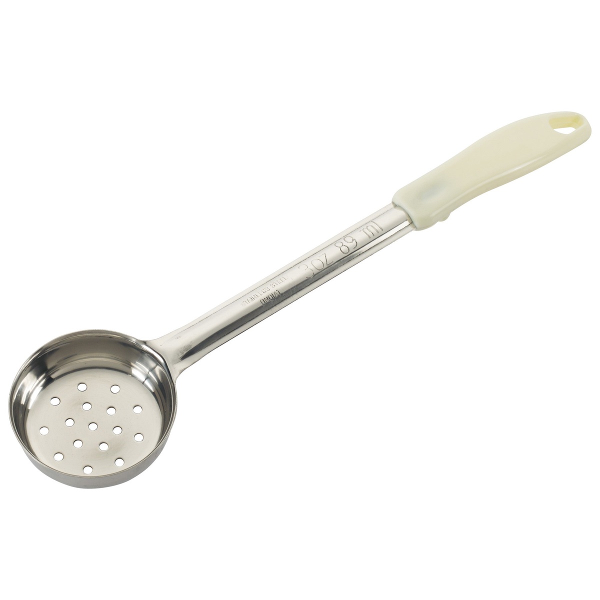 Winco FPP-3 3 oz perforated one-piece stainless steel food portioner with ivory handle