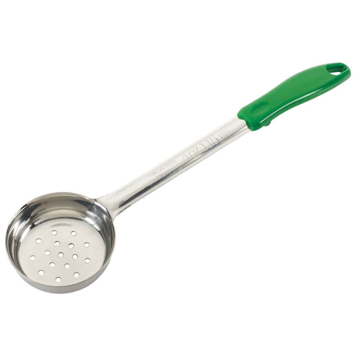 Winco FPP-4 4 oz perforated food portioner with green ergonomic plastic handle and stainless steel bowl