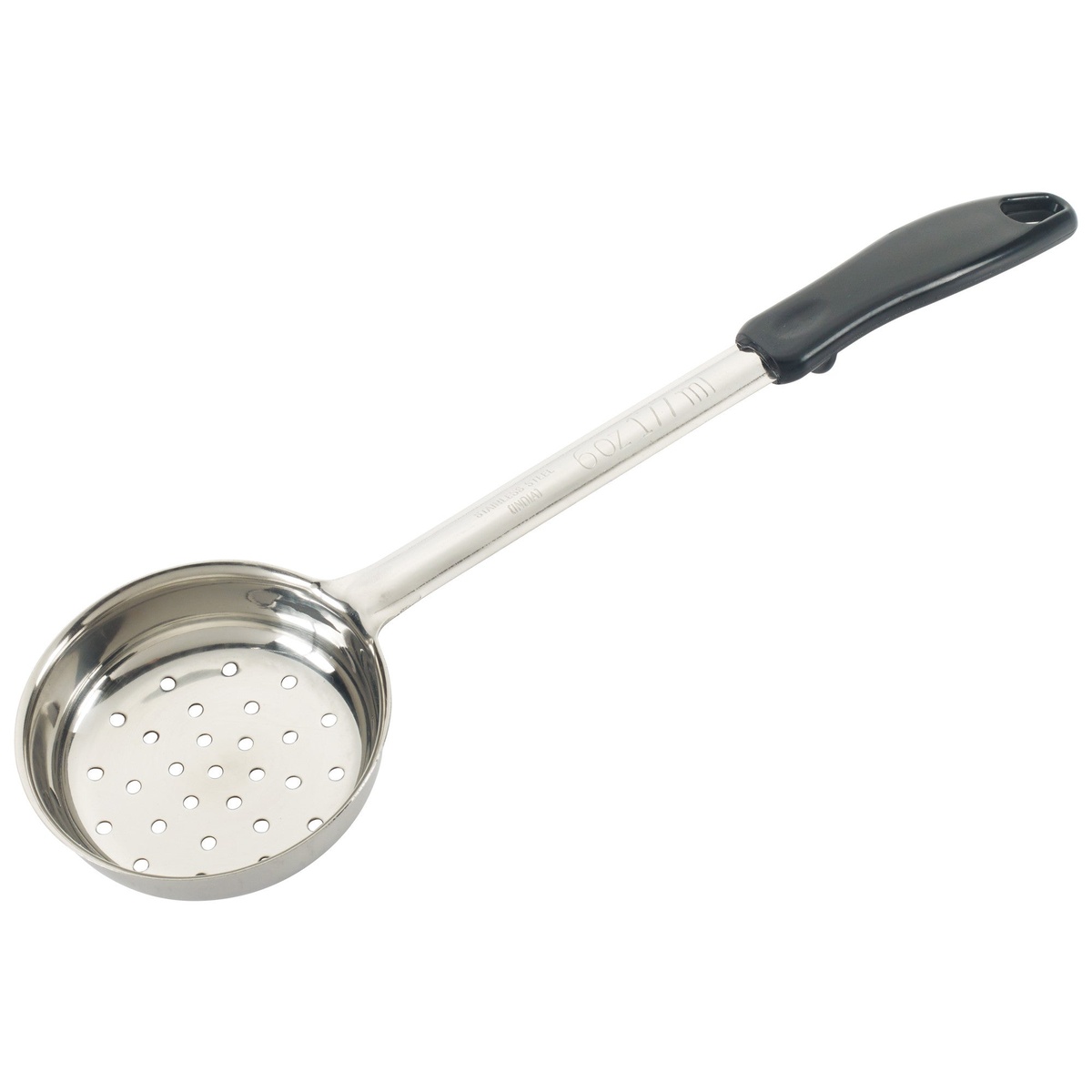 Winco FPP-6 6 oz perforated stainless steel food portioner with black ergonomic handle