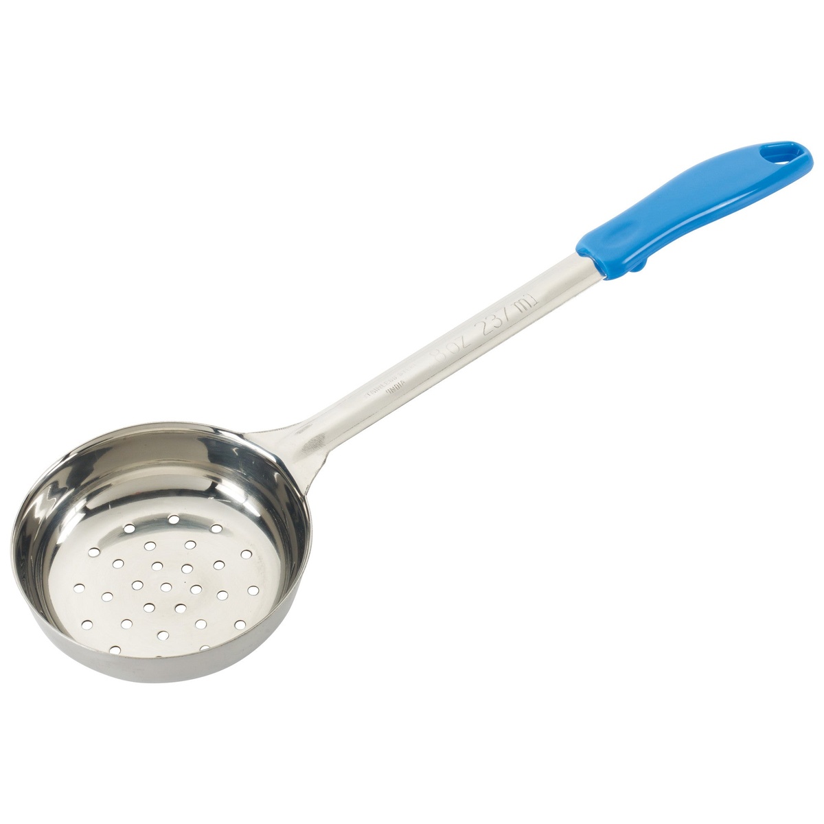 Winco FPP-8 8 oz perforated stainless steel food portioner with blue ergonomic handle