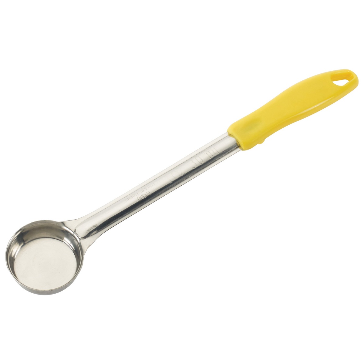 Winco FPS-1 1 oz solid food portioner with stainless steel bowl and yellow plastic handle